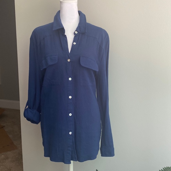 Dark Blue Linen Oversized Shirt - Picture 2 of 8
